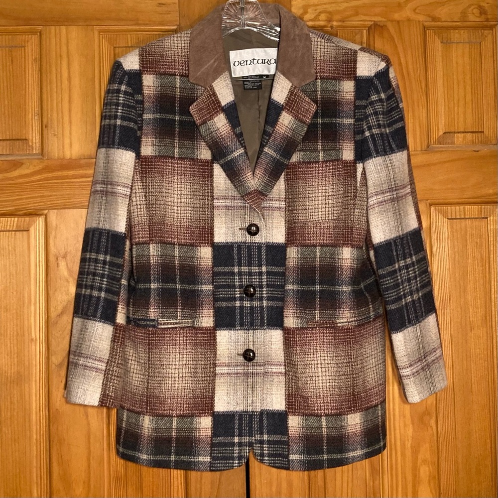 NWOT Ventura Vintage 80s 90s Jacket Plaid 40% Wool Leather Collar Tan Black M